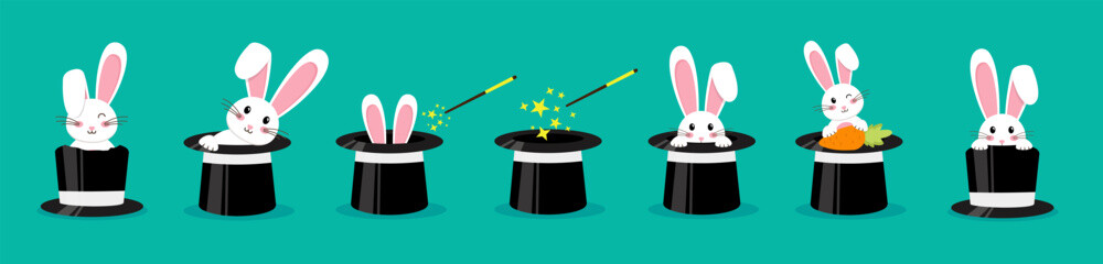 Magician's black hat, magic hat with bunny ears. Vector flat illustration in cartoon style. © 4zevar