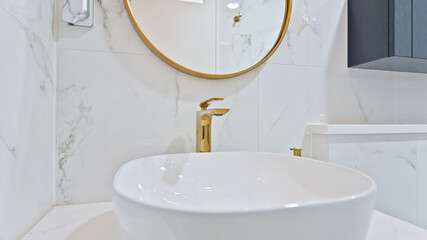 The decorative part of the washbasin is decorated in gold color to give it a luxurious feel