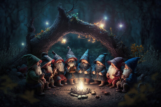 Dwarves sit in a forest around a bonfire