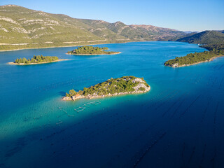 Aerial drone view of the bay of Mali Ston located on Peljesac peninsula. Oyster farms in the...