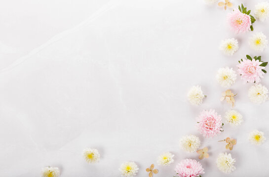 Spring Frame Of Small Flowers And Daisy, Floral Arrangement