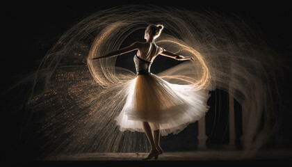 adorable ballet dancer, full body, light painting. Dark background.