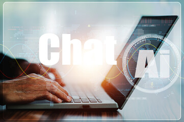 ChatGPT concept, People using computer Side view typing on laptop keyboard ChatGPT Chat with AI or...