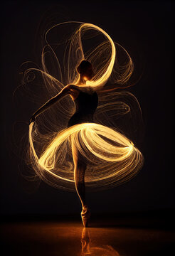 adorable ballet dancer, full body, light painting. Dark background.