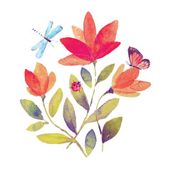 Spring watercolor hand drawn  illustration with tulips and insects. Cute retro design for print, cover, postcard, poster