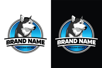 Realistic black and white blue-eyed fluffy siberian husky dog illustration emblem logo design © wastucitra