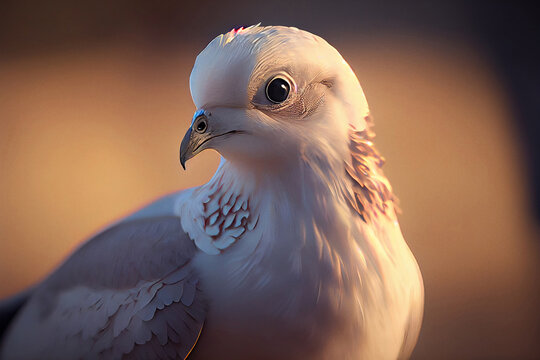 Cute white dove close-up. Symbol of peace. Dramatic backlit lights.
Digitally generated AI image