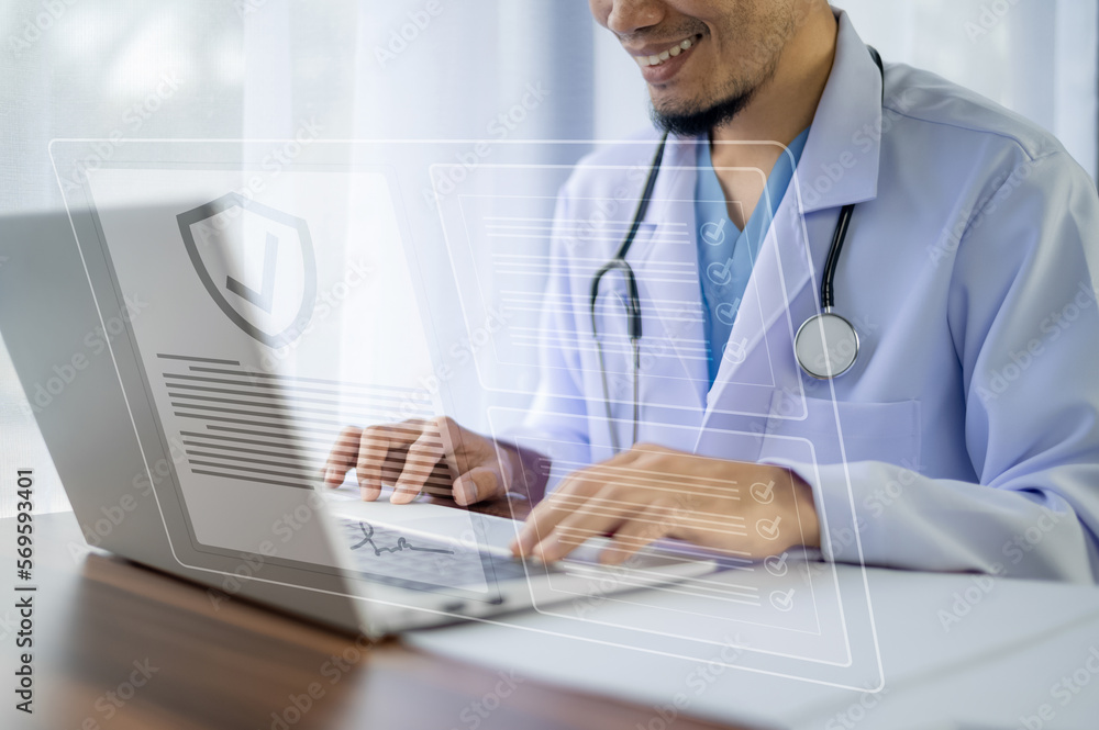 Aufkleber documents concept, doctor use computer connection server data base patient for technology treatment 