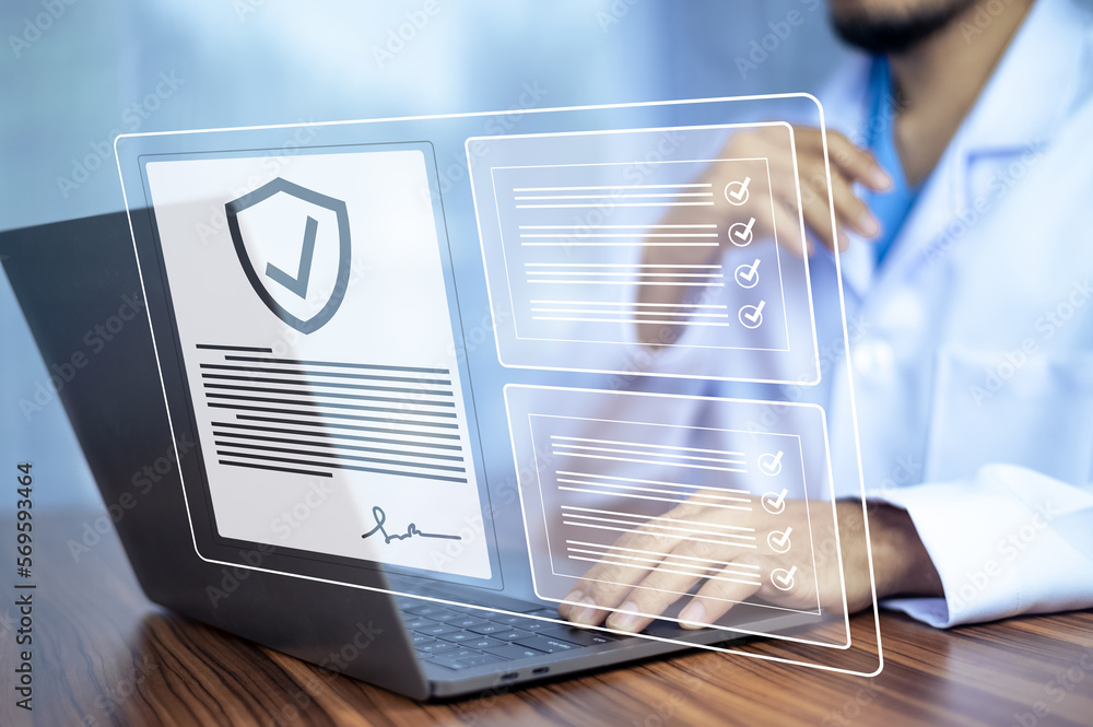 Aufkleber documents concept, doctor use computer connection server data base patient for technology treatment 