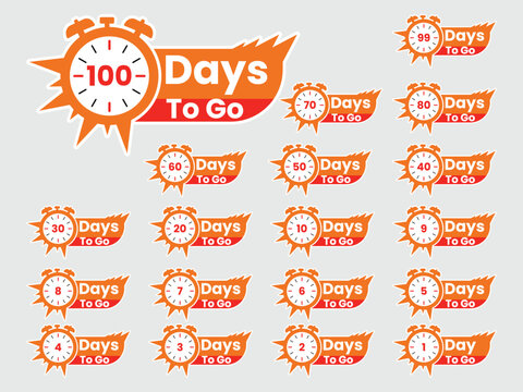 Countdown 100 days to go labels icon with white background, last 1 day to go icon set