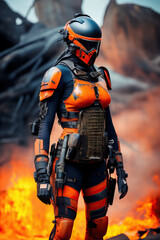 Fototapeta premium Cyber Warrior With Futuristic Orange Commando Armor Standing in Burning Flames Generative AI Photo