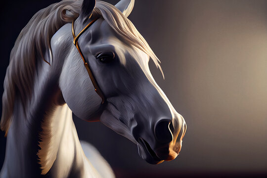 White beautiful horse close-up.
Not an actual real animal.
Digitally generated AI image