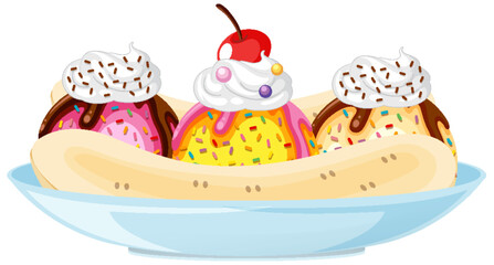 Banana split Ice cream sundae on white background