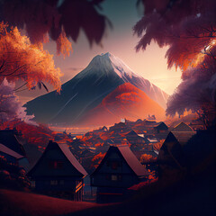 Mountain in the autumn with Sakura trees