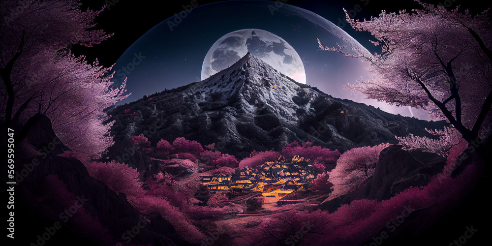 Poster mountain in the moon light with sakura trees