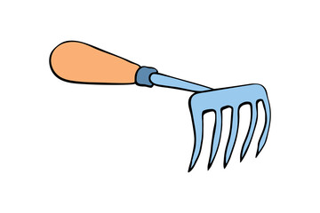 Hoe like small rake. Gardening equipment. Hand drawn colorful vector illustration in doodle flat style, isolated. Tool for working in garden, on farm, country site