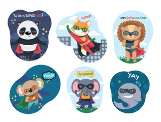 Superheroes animals icons set. Collection of graphic elements for website. Panda, fox, lion, dolphin, elephant and koala with power. Cartoon flat vector illustrations isolated on white background