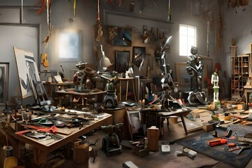 A messy artist's workshop, inside is robots painting a self-portrait of itself.