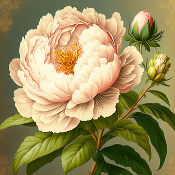 Gorgeous pink peony fragrant flowers as in vintage botanical illustration, victorian still life on green  background made with generative AI