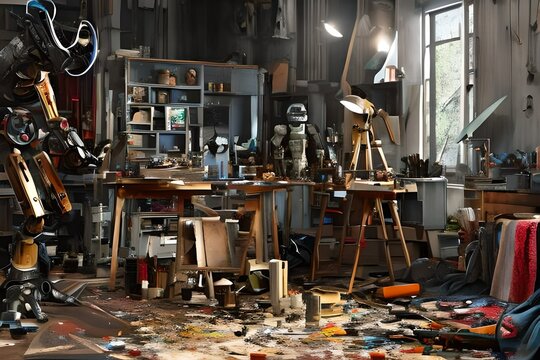 A messy artist's workshop, inside is robots painting a self-portrait of itself.