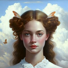 Surreal portrait of a beautiful brunette with butterflies.Generative AI generated illustration.