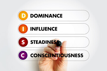 DISC (Dominance, Influence, Steadiness, Conscientiousness) acronym - personal assessment tool to...