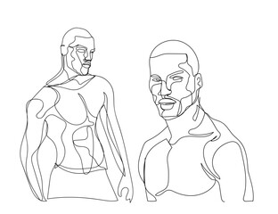 contour line drawing two black men stand topless 