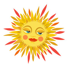 Bright sun with big eyes and long eyelashes. Vector illustration isolated on white background.