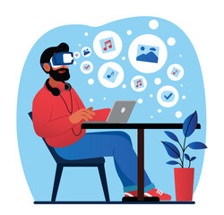 Man in VR glasses. Virtual reality, modern technologies and innovations. Digital world and cyberspace. Entertainment and interesting content. Young guy in headset. Cartoon flat vector illustration