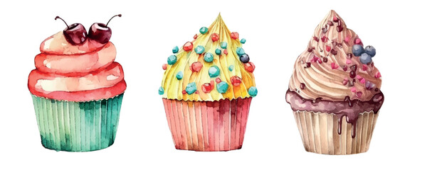 cupcake set with cream. watercolor illustration ice cream