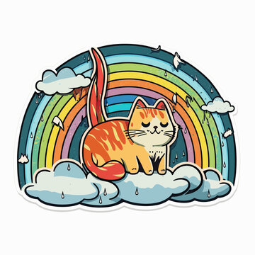 A Nyan Cat On A Cloud In Front Of A Rainbow. Editable Vector Illustration. Die Cut Sticker.