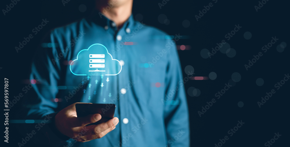 Poster cloud technology concept. business man using smart phone transfer data to cloud server