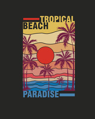 Tropical Beach Sunset palm tree background retro poster  graphic design for t shirt print vector