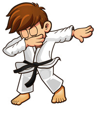 Dabbing judo or karateka cartoon character with black belt - obrazy, fototapety, plakaty