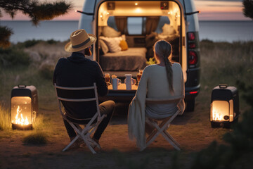 Elderly couple sitting behind their camper with fireplace looking to the ocean, generative ai