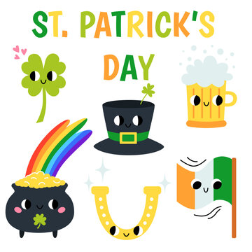 St. Patrick's Day set. Cute groovy retro clipart elements. 70s, 80s, 90s cartoon style.