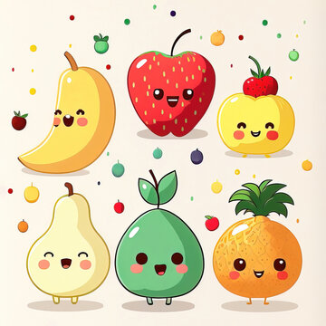 Cute cartoon fruits set. Kawaii characters emoji fruit, apple, pineapple, banana, orange and lemon, flat style. Funny emoticon food illustration for phone case, sticker, patch, and other design.