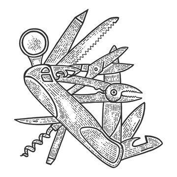 Folding pocket knife sketch engraving PNG illustration with transparent background