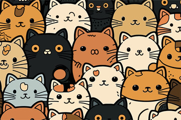A large group of cats with different colors. Cartoon cat characters seamless pattern.