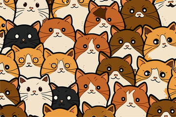 A large group of cats with different colors. Cartoon cat characters seamless pattern.