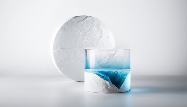 3d render abstract podium on white background. Gem stones pedestal for product design display. Isolated crystals. Empty showcase promotion mock up. Minimal blue transparent glass round stage.