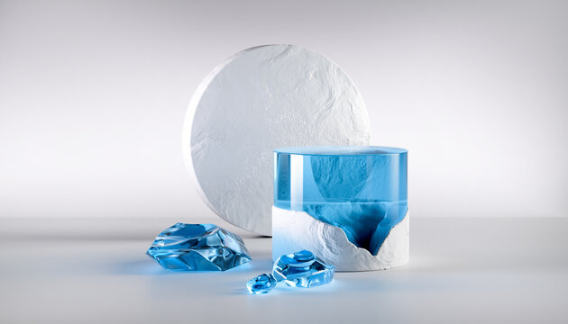 3d render abstract podium on white background. Gem stones pedestal for product design display. Isolated crystals. Empty showcase promotion mock up. Minimal blue transparent glass round stage.
