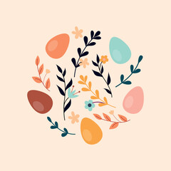 Easter boho leaves with eggs. Nature and fauna, spring summer season. Flowers and plants, aesthetics and elegance. Design element for invitation and greeting postcard. Cartoon flat vector illustration