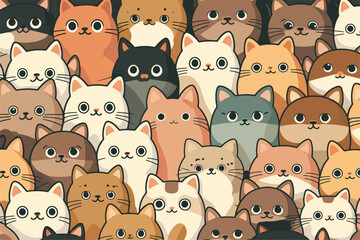 A large group of cats with different colors. Cartoon cat characters seamless pattern.