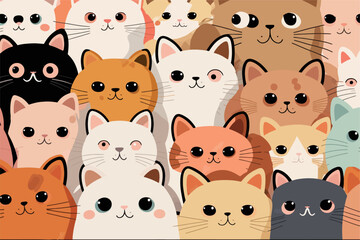 A large group of cats with different colors. Cartoon cat characters seamless pattern.