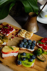 delicious beautiful sandwiches with fruits healthy food, breakfast, Turkish coffee