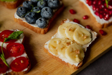 delicious beautiful sandwiches with fruit healthy food, breakfast