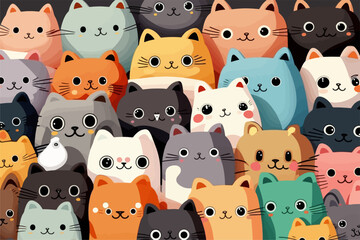 A large group of cats with different colors. Cartoon cat characters seamless pattern.