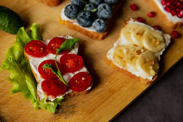 delicious beautiful sandwiches with fruit healthy food, breakfast
