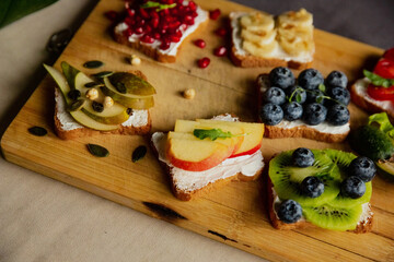 delicious beautiful sandwiches with fruit healthy food, breakfast